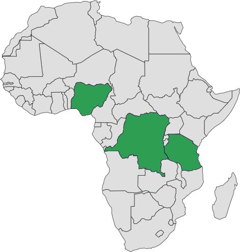 Les pôles de MoDD Africa : le Nigéria, la RDC et la Tanzanie mis en évidence sur la carte de l'Afrique.